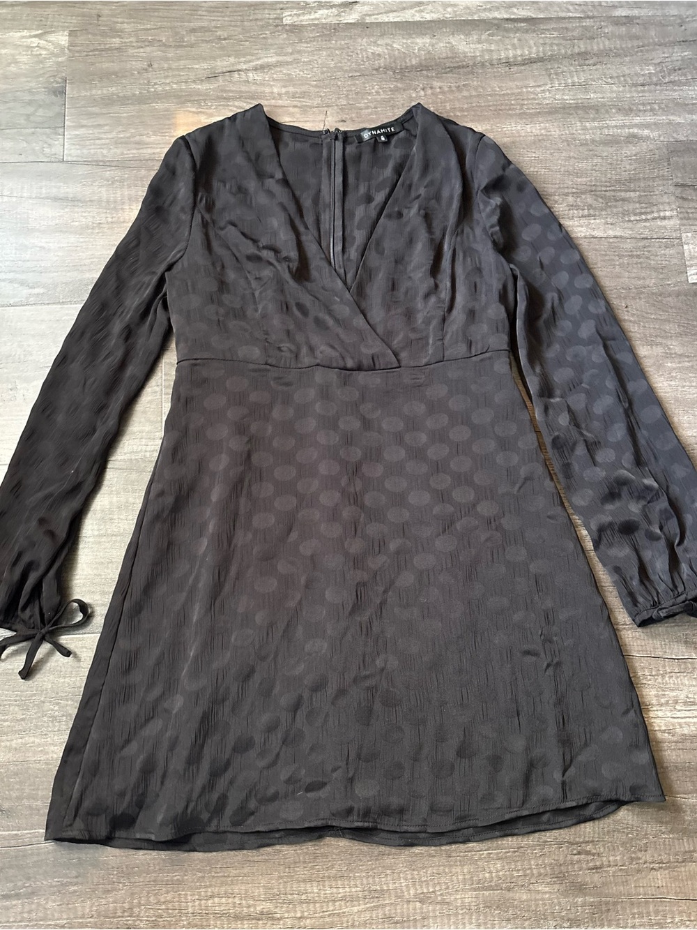 Dynamite Satin Polka Dot Jacquard Mini Dress Wrap V-Neck Tie Cuff Black